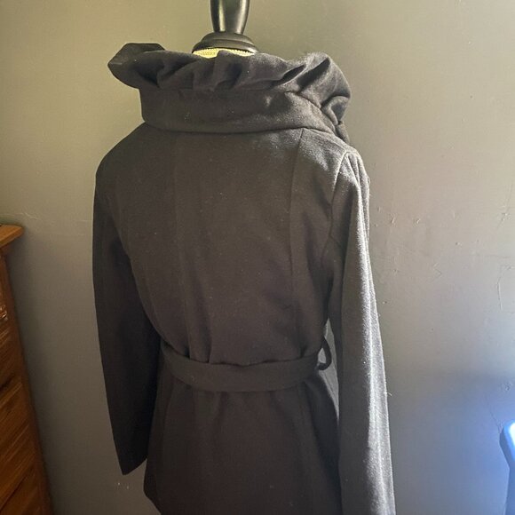 Black Wool Blend Coat with Waist Tie - Picture 4 of 6